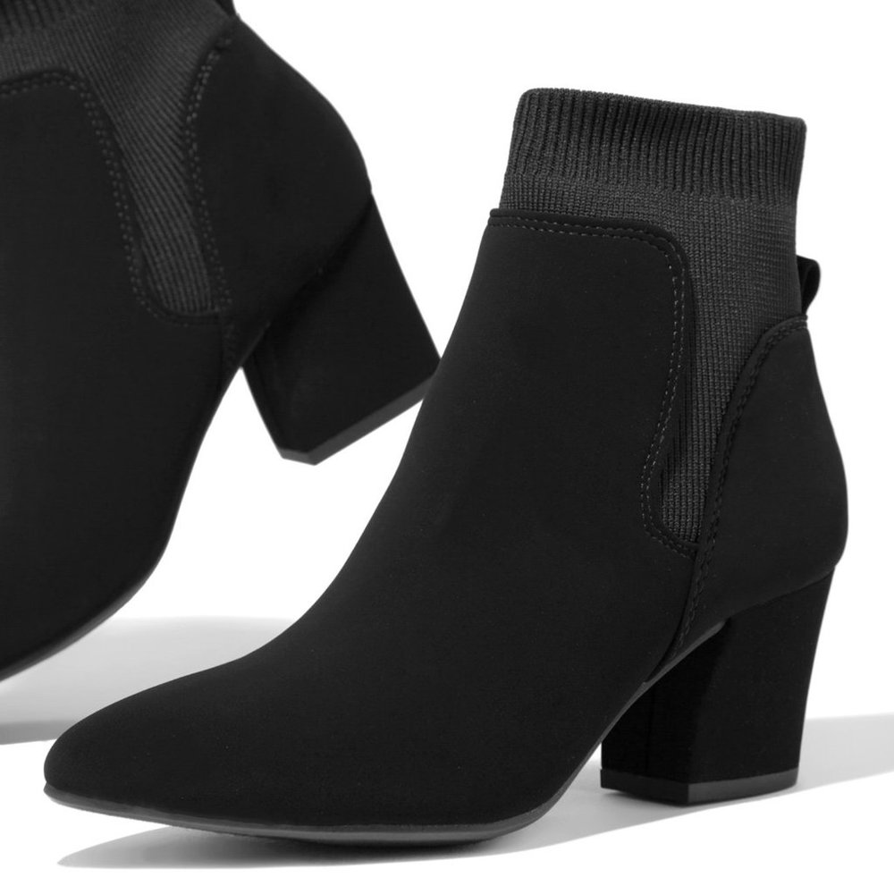 New Stretchy Sock Ankle Booties Block Heel Slip On - Picture 2 of 5